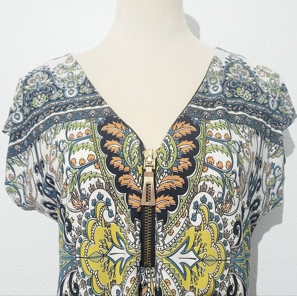Coco Bianco Women’s Size M Multicolor Paisley Print Zip Front Blouse Made In USA - Picture 2 of 10